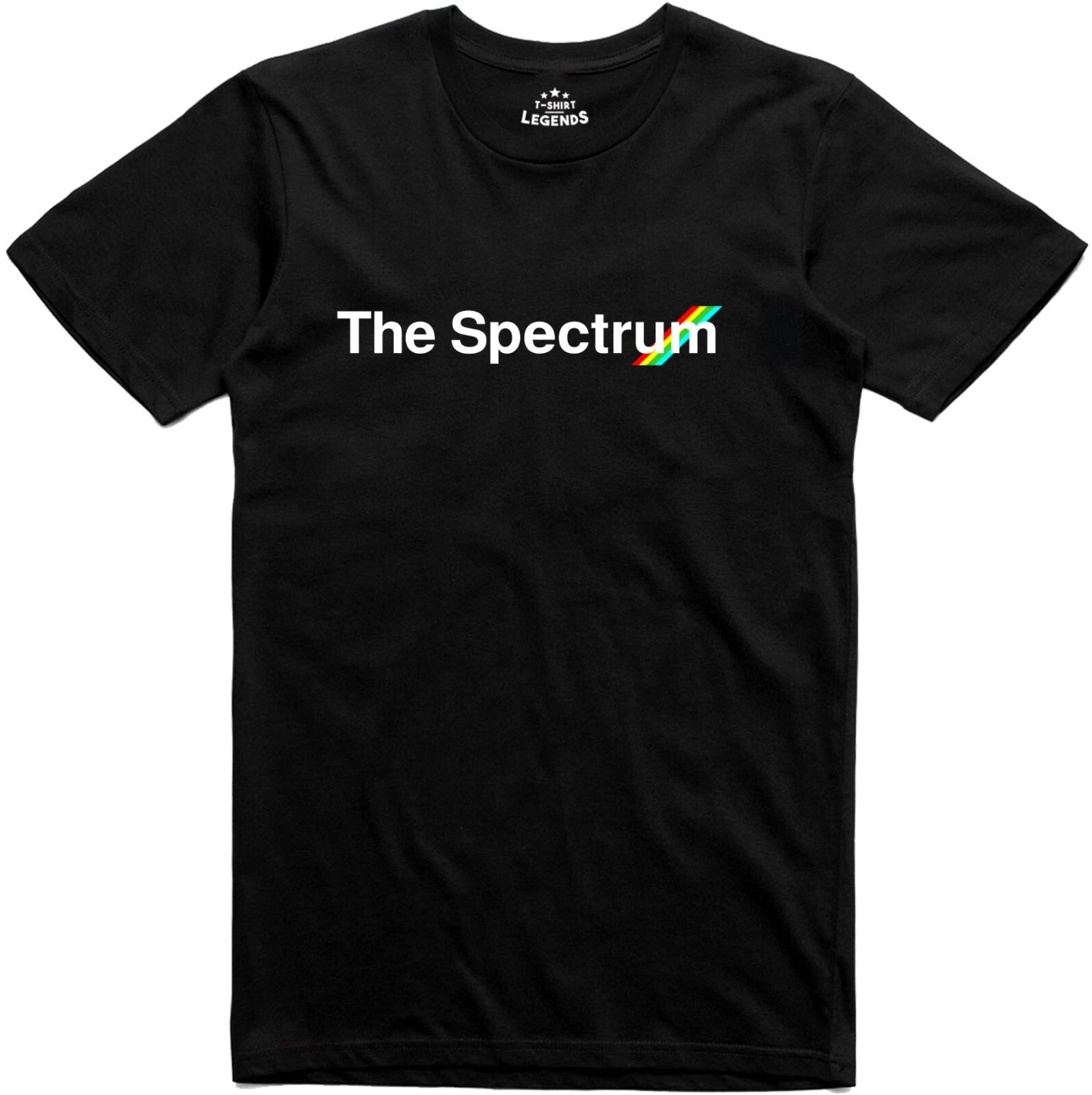 Black t-shirt with colorful graphic design featuring 'Sinclair Spectrum' .